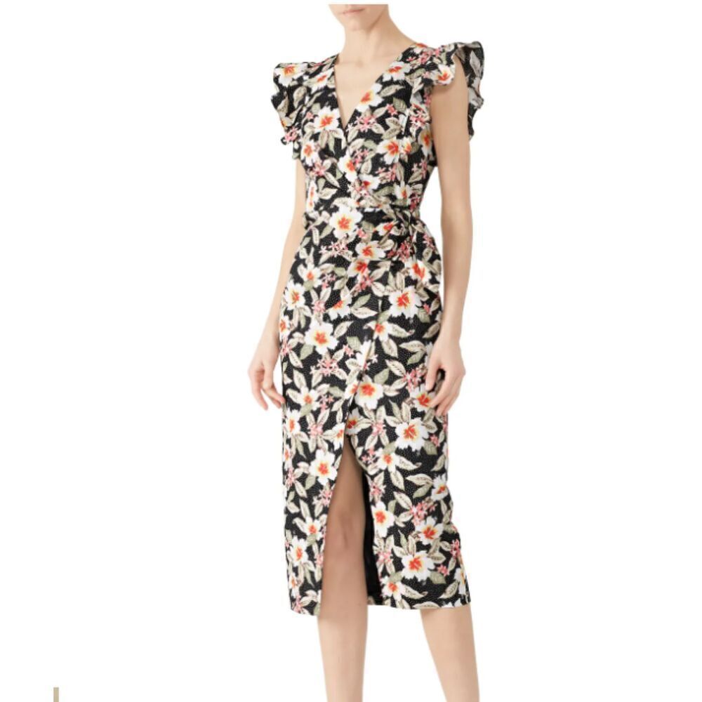 Rebecca Taylor Black Kamea Linen Blend Wrap Dress Tropical Floral Print‎ Size 0